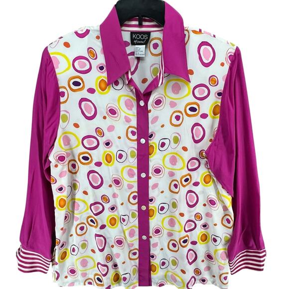 Koos Of Course Vintage Blouse Womens L Pink White Silk Abstract 90s Retro Top - Picture 1 of 14